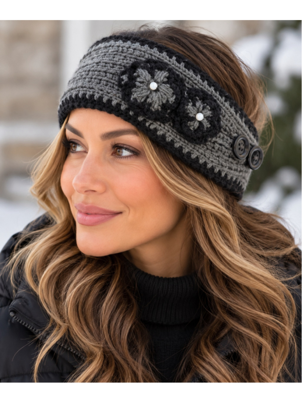 Black & Gray Knit Floral Ear Warmer Headband Button Detail